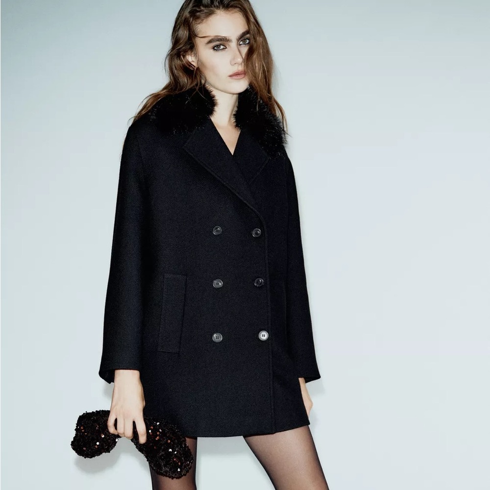 New Zara short wool coat with faux fur lapel in black - medium